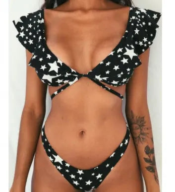 Yellow floral printed women's split bikini swimsuit on hanger showing front design