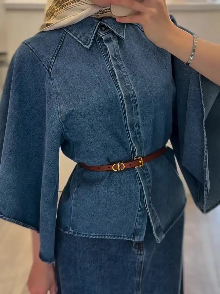 Denim cape style top and maxi skirt set in denim colour, regular fit two-piece outfit
