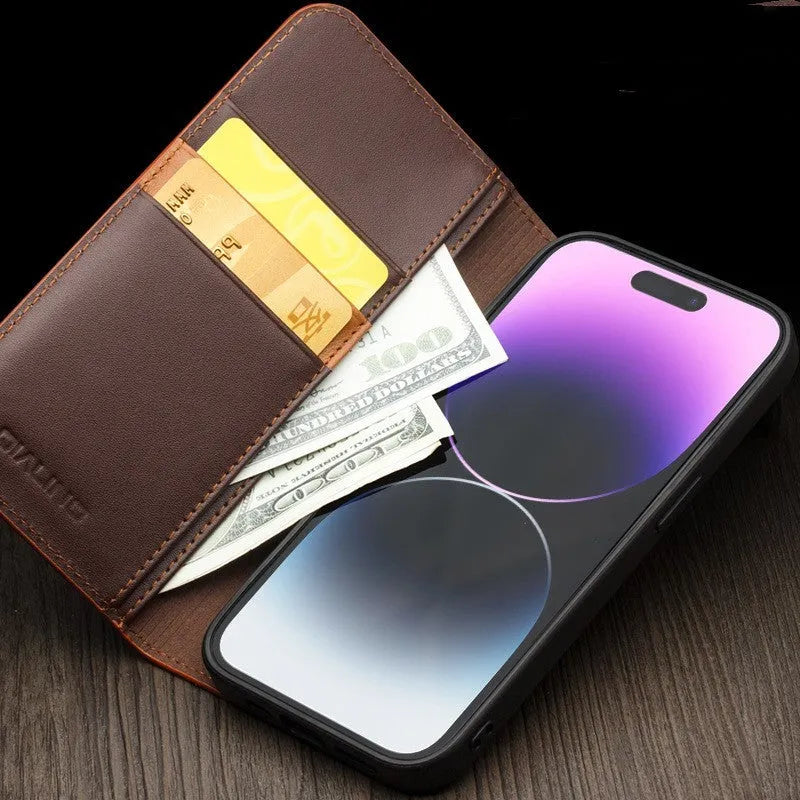 Genuine leather flip cover anti-drop phone case for iPhone 14 in brown and black