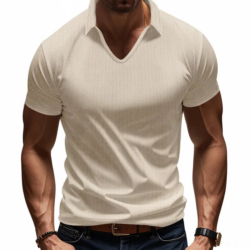 Men's loose fit V-neck short sleeve T-shirt in cotton blend fabric shown in solid colour options