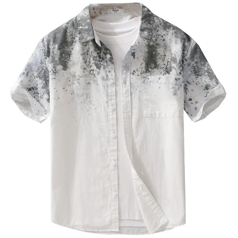 Mens grey hanging dyed pure cotton short-sleeved shirt with loose cardigan style on hanger