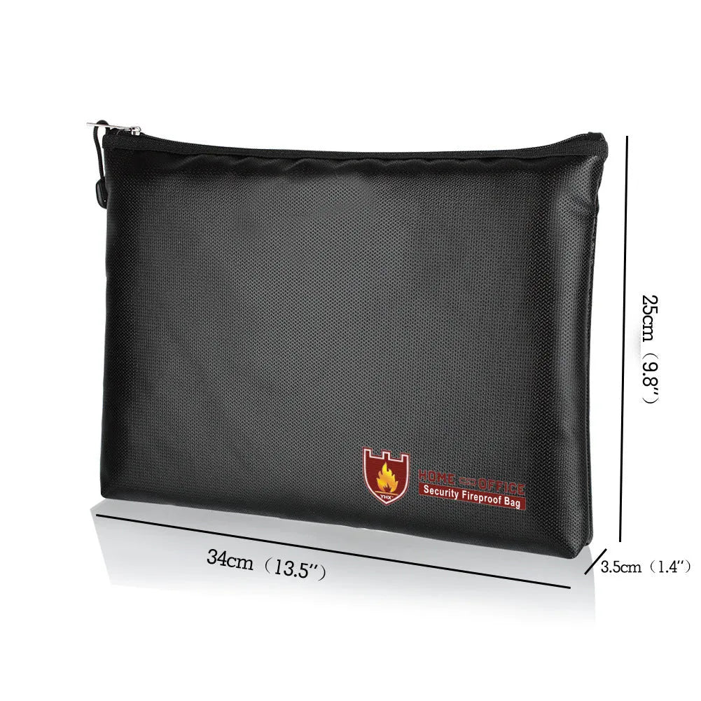 Black fireproof contract document bag showing three size options for secure paper storage