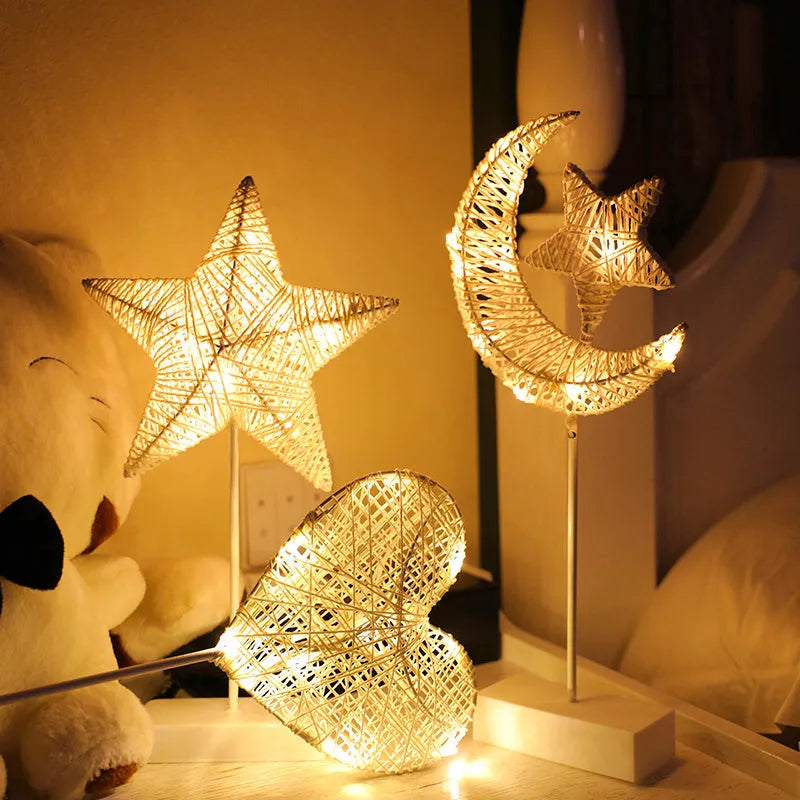 Rattan ball table lamp with flashing LED lights in love heart, star, or moon shape.