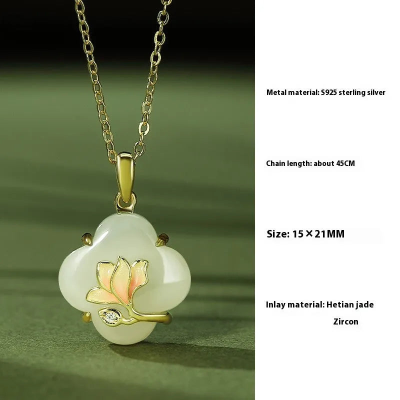 S925 sterling silver Magnolia flower necklace, bracelet, and earrings set with inlaid Hetian jade.
