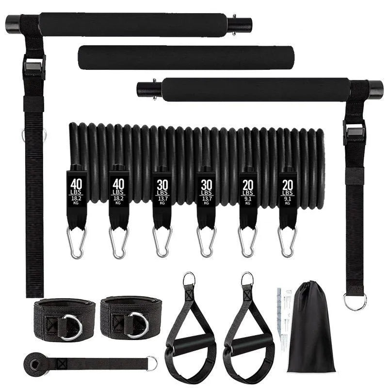Yoga gymnastic bar resistance band set with 180lb TPE pull rope in black or pink