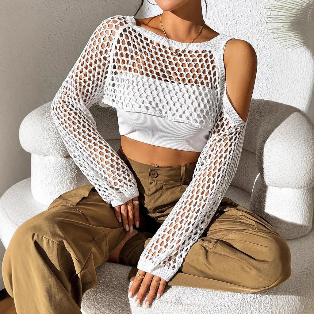 Mesh shirt with navel cut-out in army green colour