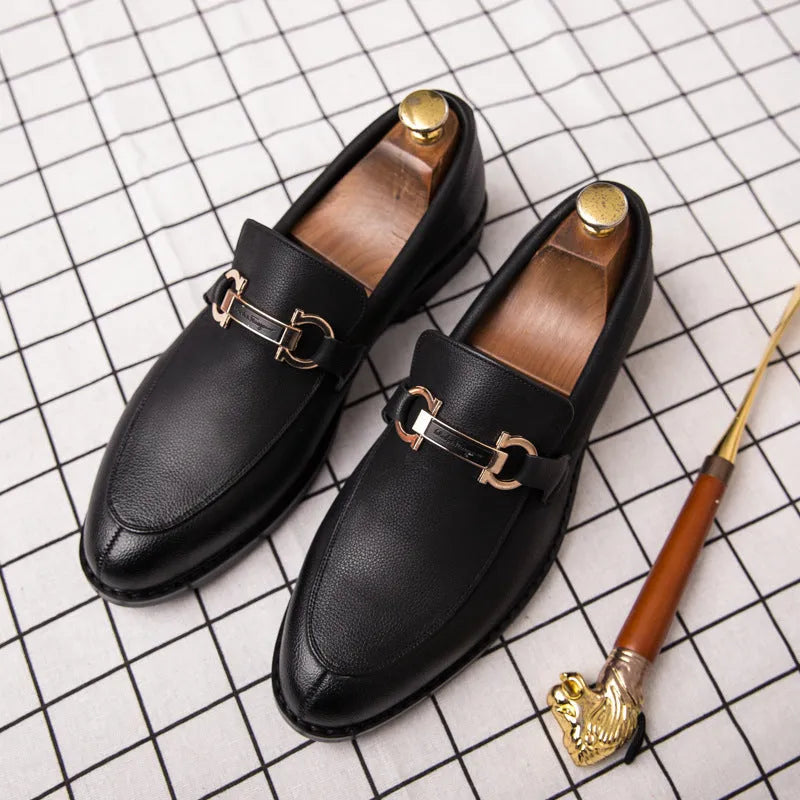 Men's casual elevated leather shoes in microfiber, shallow mouth design, black colour, side view