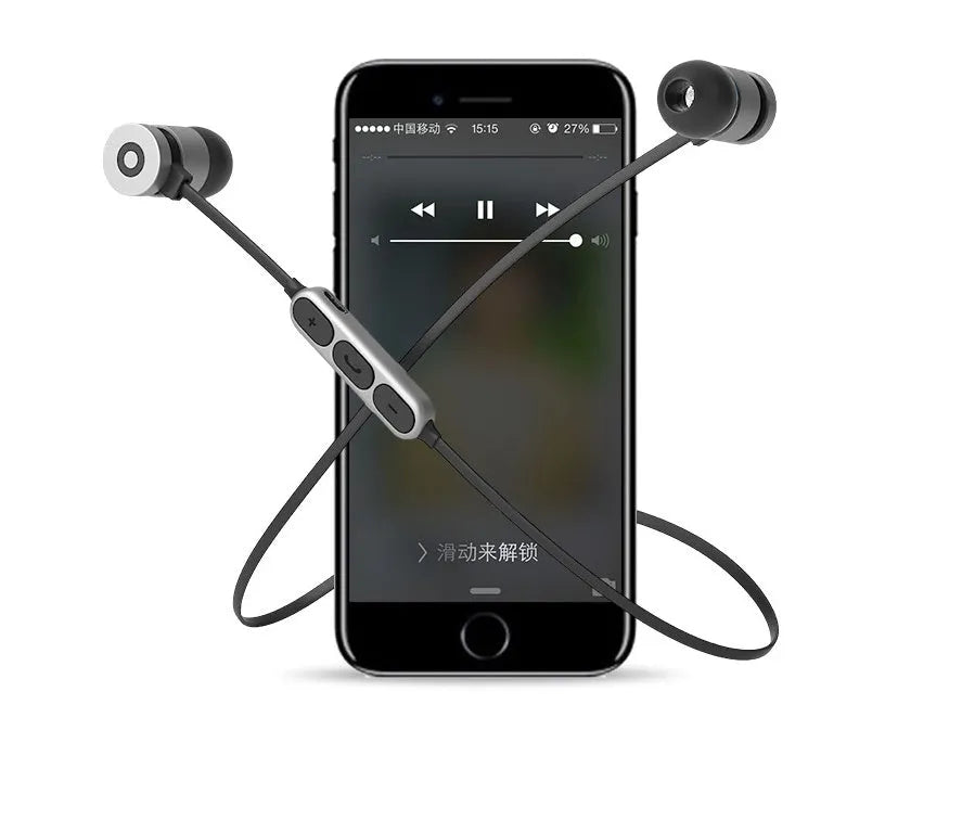 Black metal magnetic sports Bluetooth headset with neck-mounted design and magnetic earpieces.