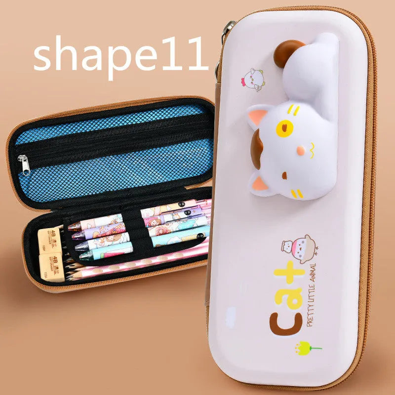 Hard EVA 3D decompression pencil case in square shape with cartoon dinosaur design.