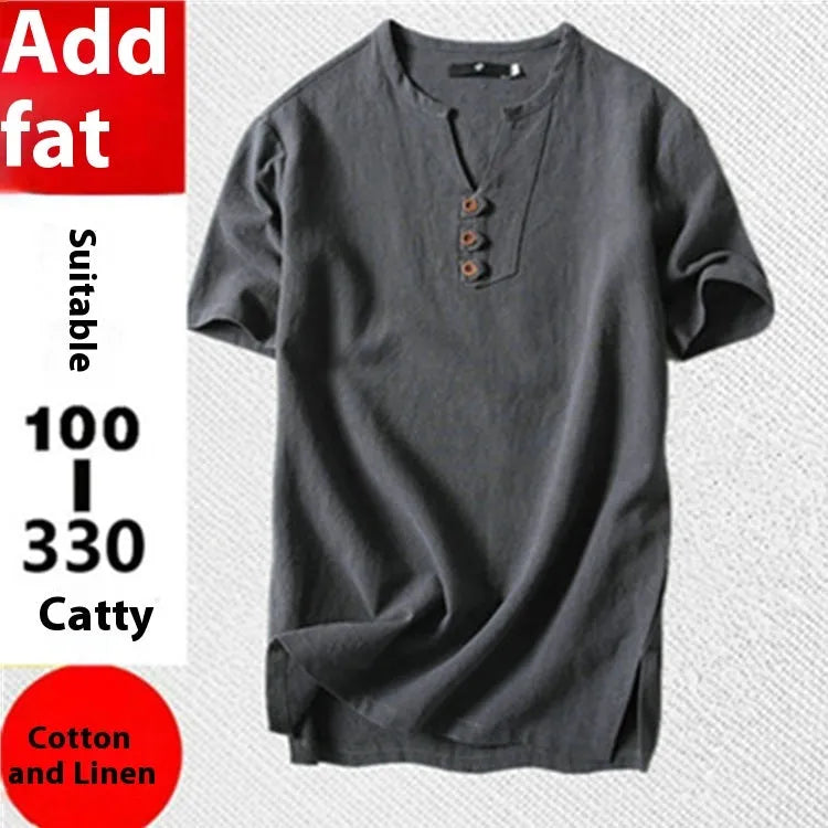Man wearing a loose apricot coloured cotton short sleeve T-shirt.