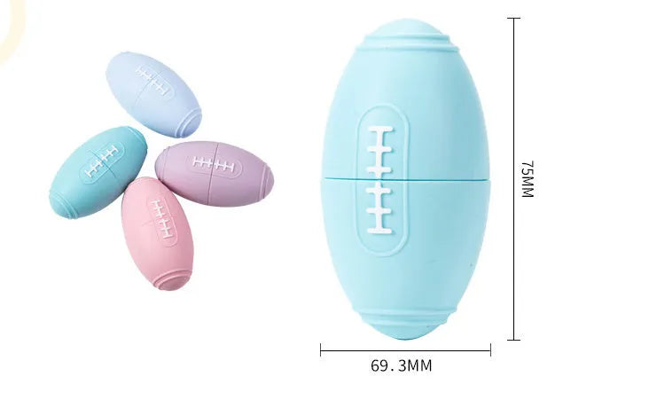 Blue silicone rugby ball dog toy with hollow treat-dispensing centre