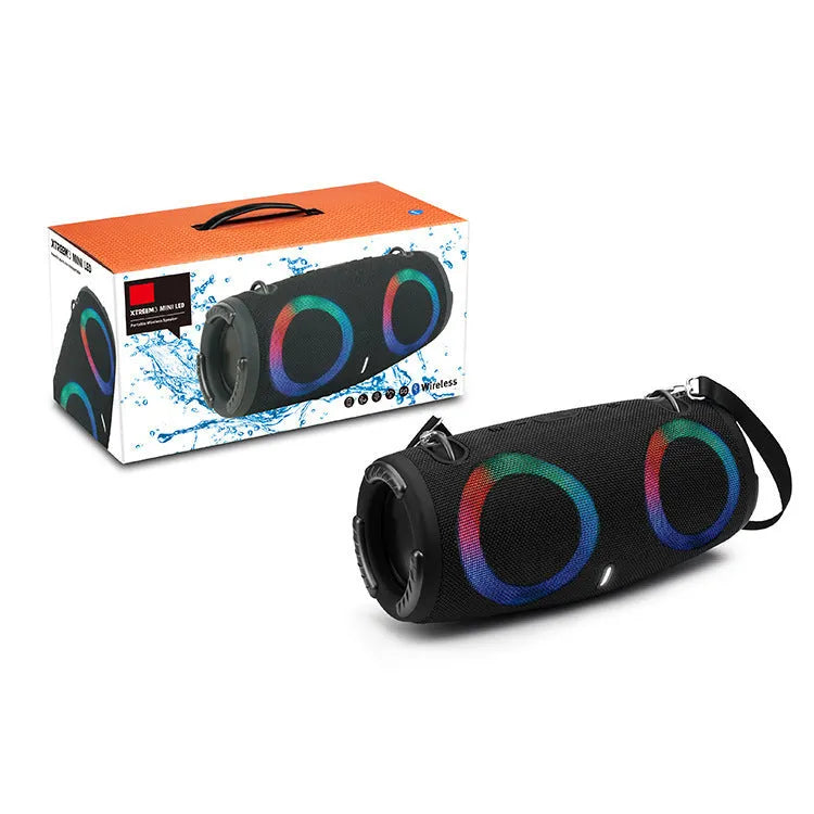 Portable Bluetooth speaker with RGB lights in multiple colour options on a strap.
