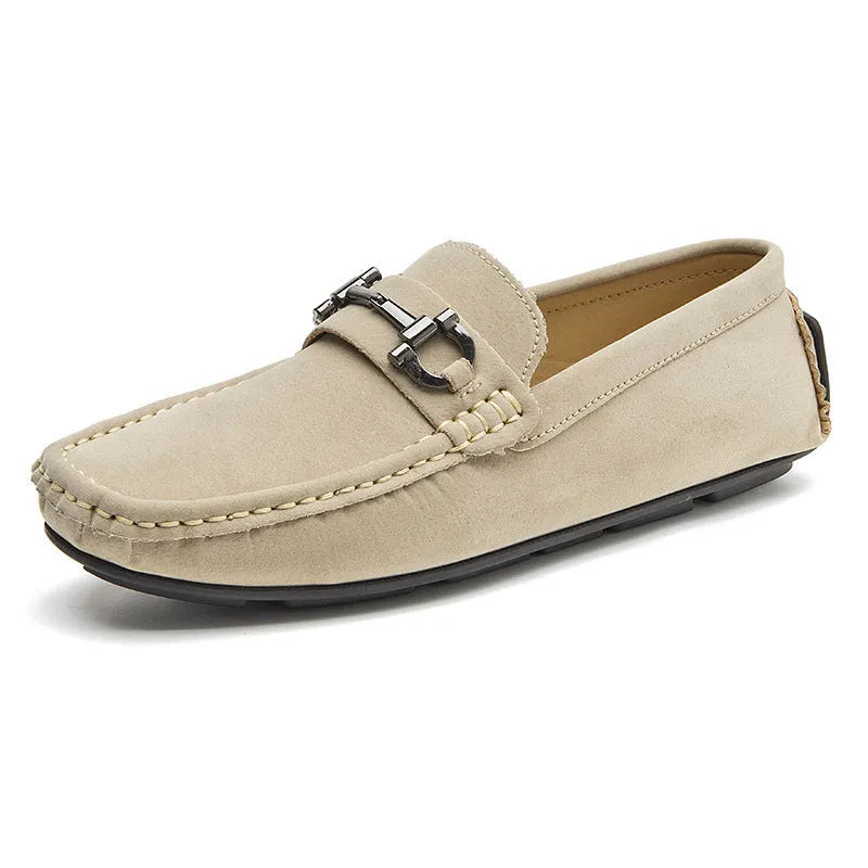 Men's casual leather loafers with round toe and rubber sole in beige, black and brown colour options