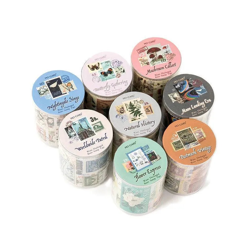 Roll of 55mm wide, 2m long coated paper stamp sticker tape in a retro pattern for journal decoration.
