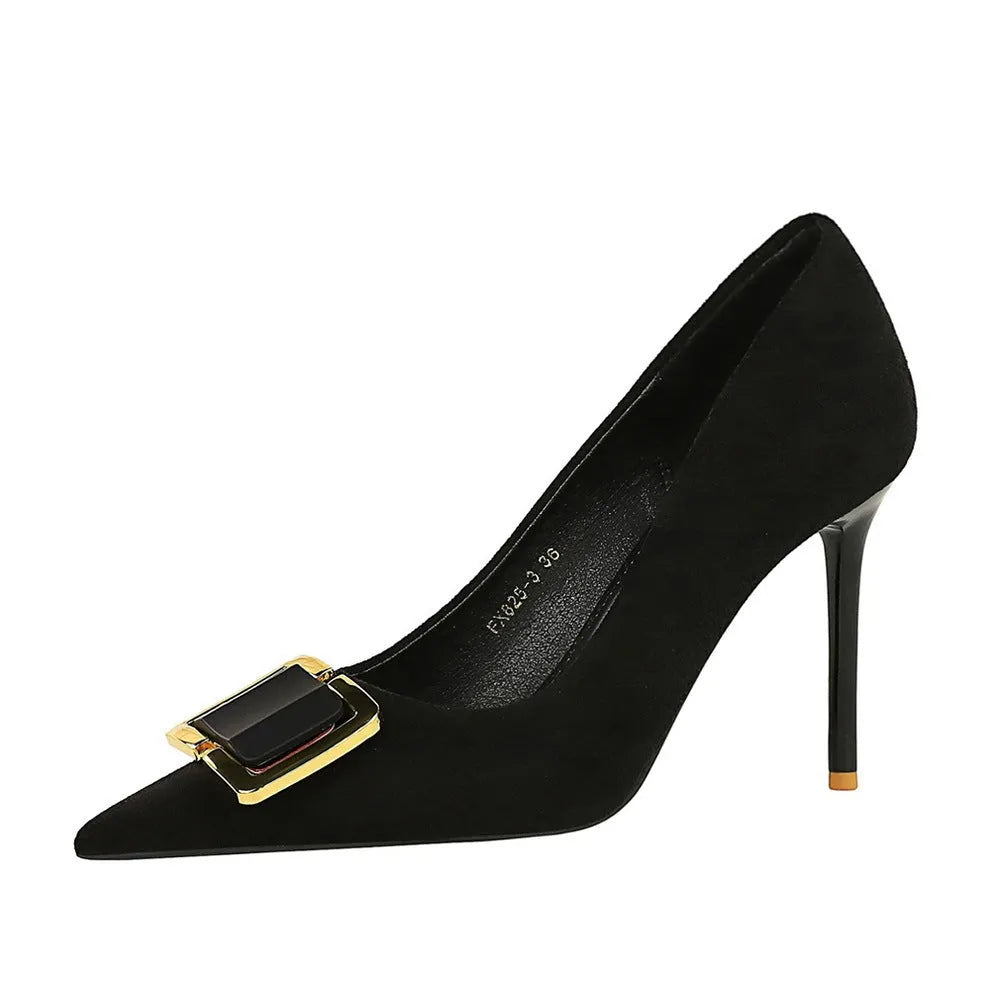 Black suede women's stiletto heels with a 9cm high heel and open toe design.