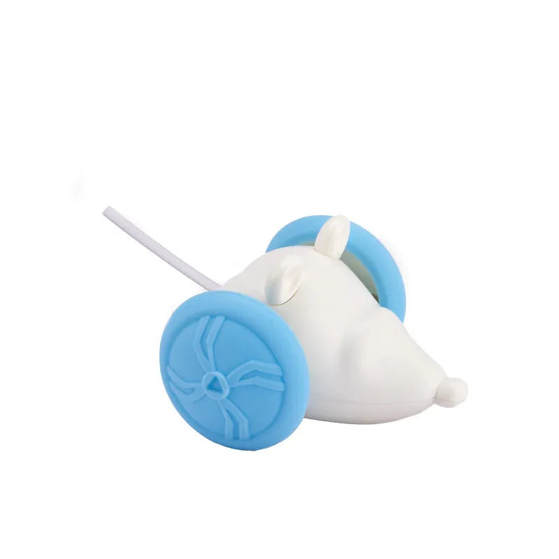 Electric moving cat toy with USB rechargeable remote control in blue technical mouse design