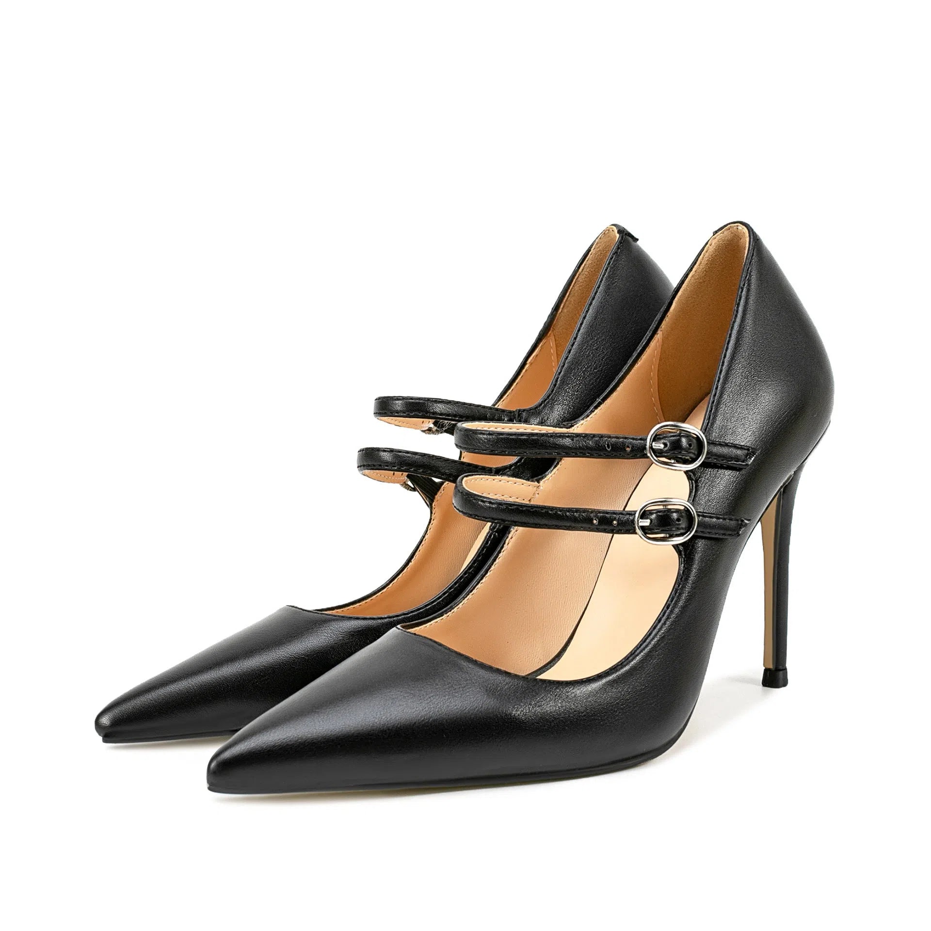 Black PU thin Mary Jane double strap stiletto high heels shallow mouth pump buckle closure tip toe 35-47