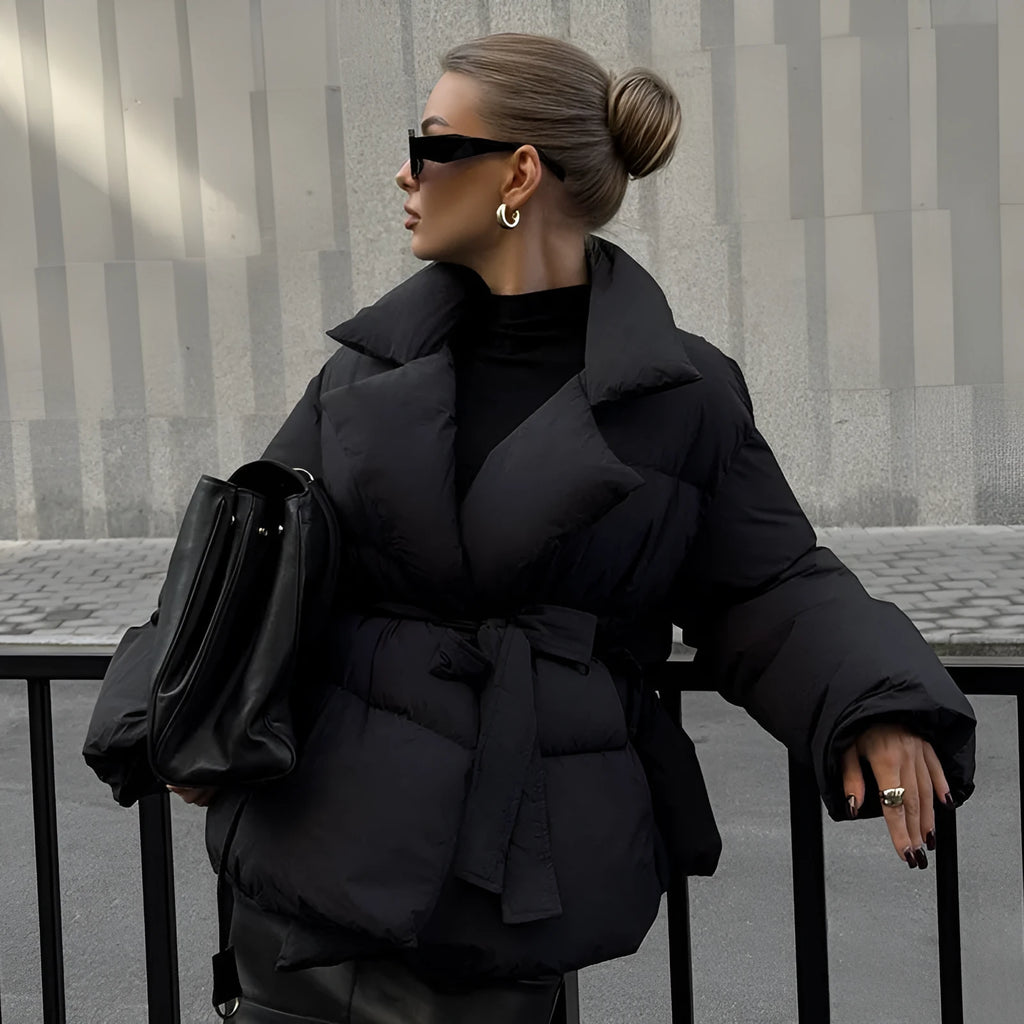 Waist-controlled lace-up lapel long sleeve jacket in black and white, polyester drawstring style