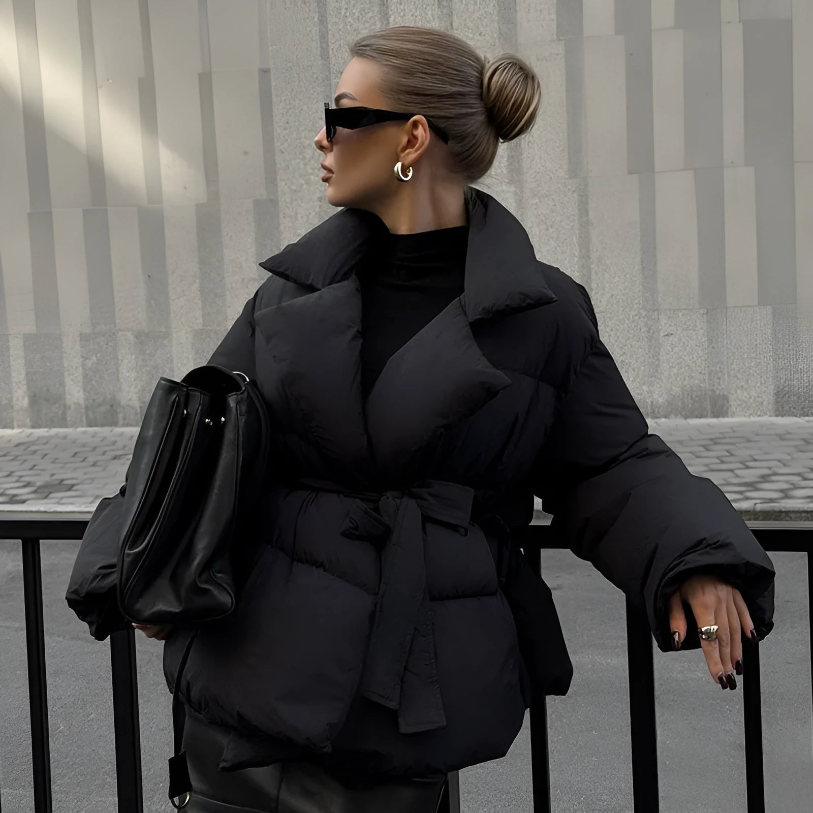 Waist-controlled lace-up lapel long sleeve jacket in black and white, polyester drawstring style