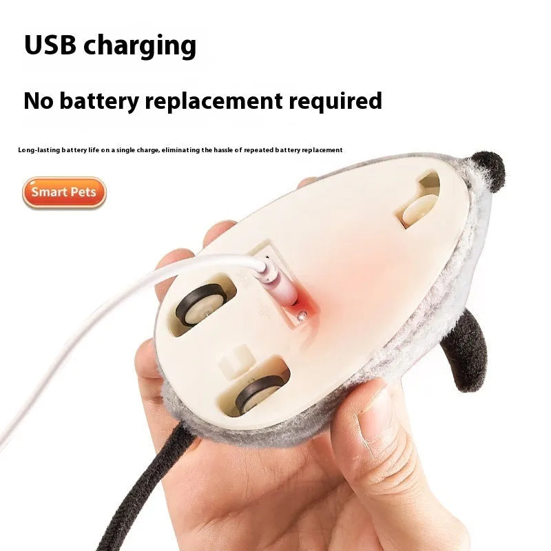 Grey and yellow electronic charging simulation mouse cat toy with feather tail decorations.