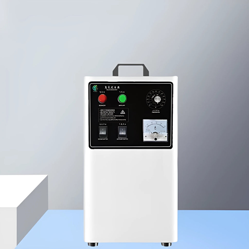 Commercial ozone generator for washing fruits and vegetables in stainless steel or white finish.