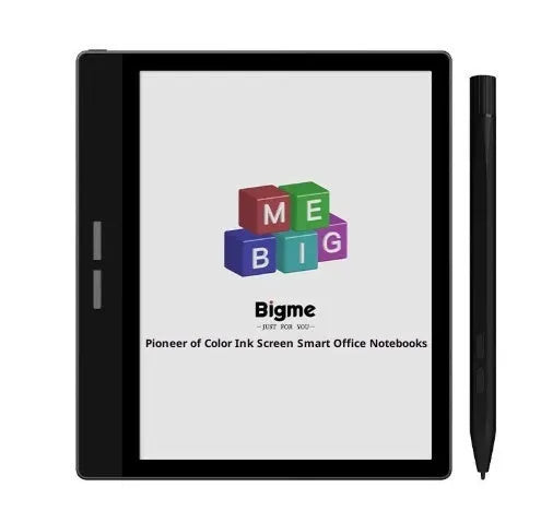 Black 7-inch colour E-ink e-book reader with capacitive stylus on a desk