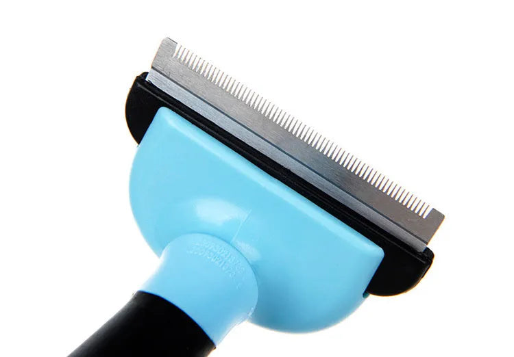 Pet hair removal comb for long straight hair, available in blue or pink, sizes S M L.