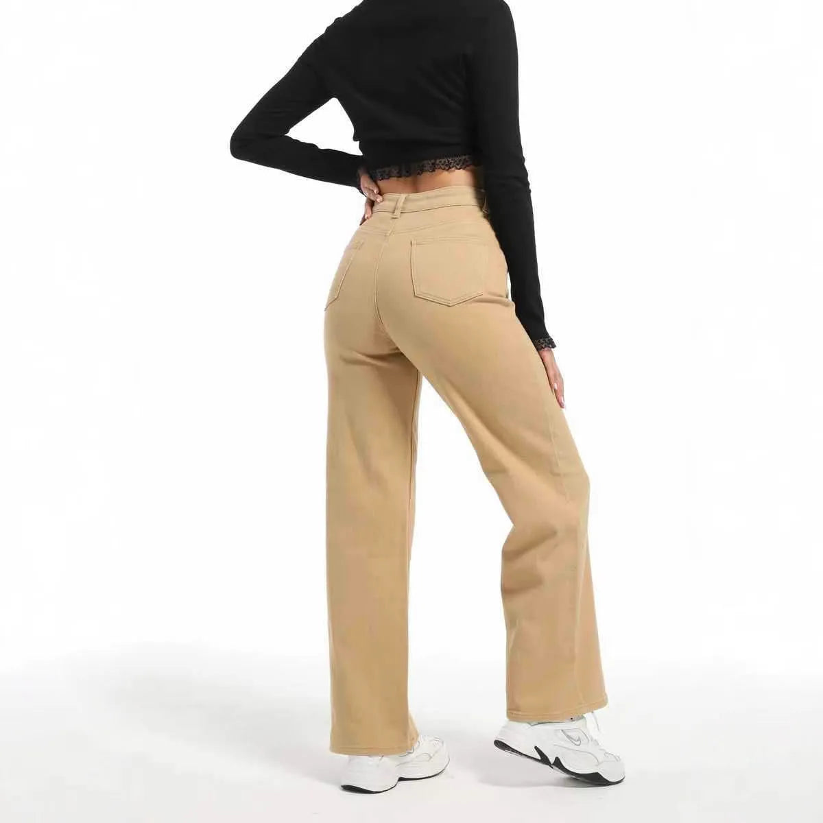 Women's high waist wide leg jeans in apricot colour, made from cotton with high elasticity.