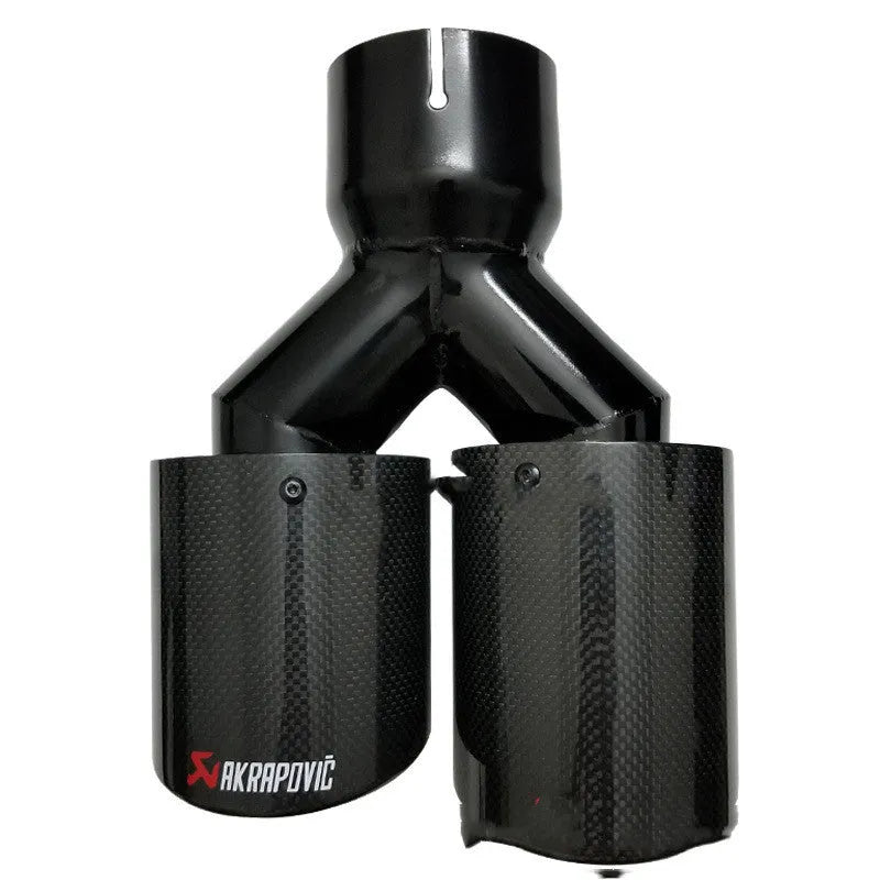 Car modified muffler double outlet bright black exhaust pipe tail throat with carbon fibre trim on car rear