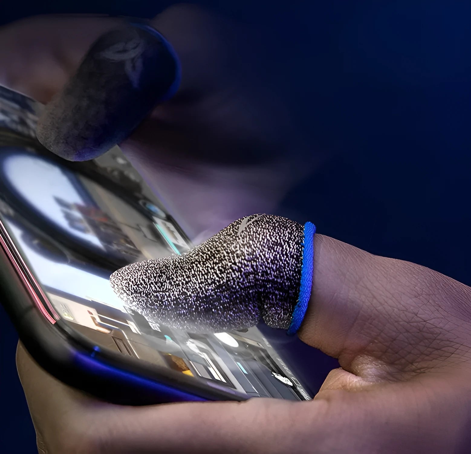 Green gaming thumb sleeves for mobile phones with silver fibre construction and 3M reflective logo
