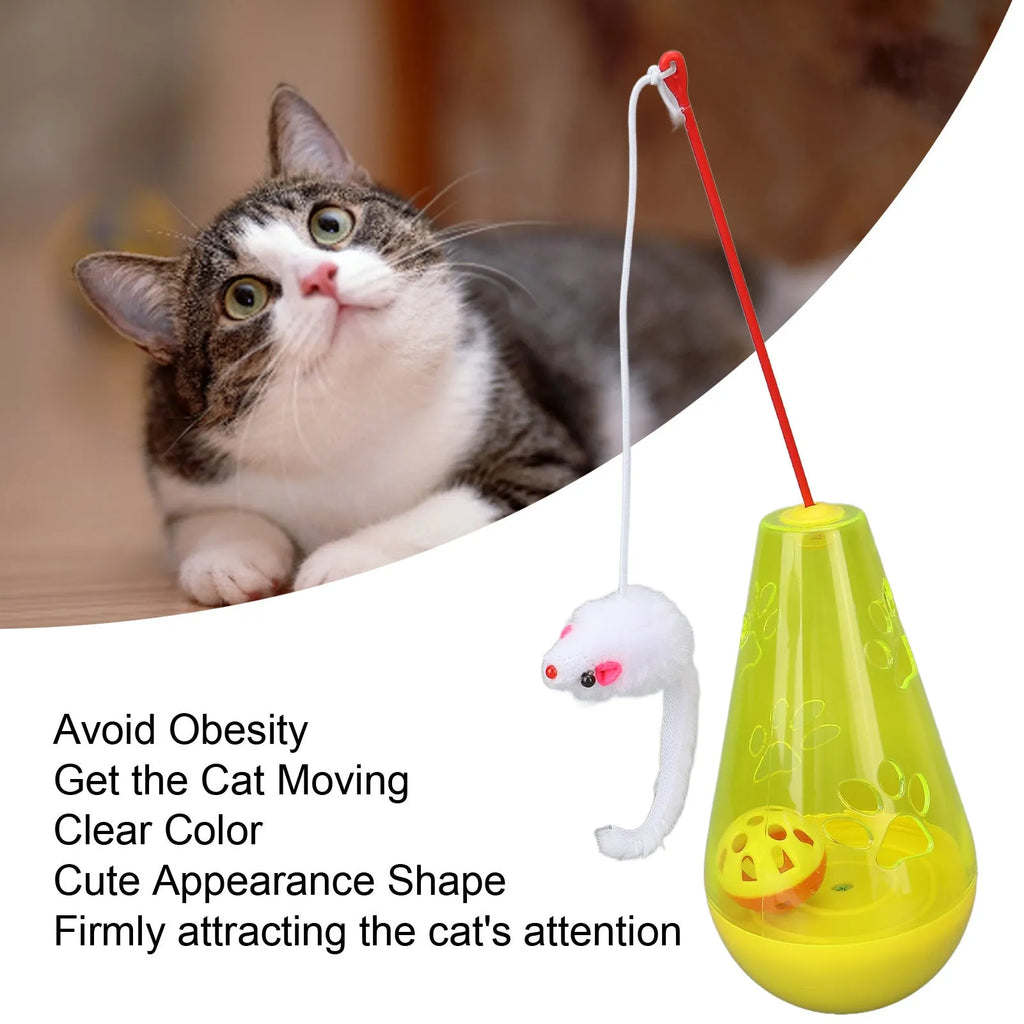 Blue and yellow cat toy with bell ball, treat dispenser, and plush mouse wand for indoor feline play
