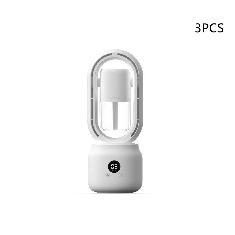 White bladeless USB rechargeable table fan with water tank and digital controls on a desk