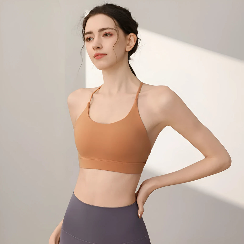 Women's sports vest with fixed double shoulder straps in nylon fabric for running and workouts