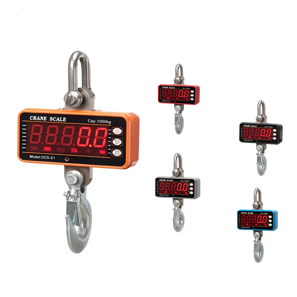 Orange electronic crane scale for industrial weighing with digital display and 500kg capacity