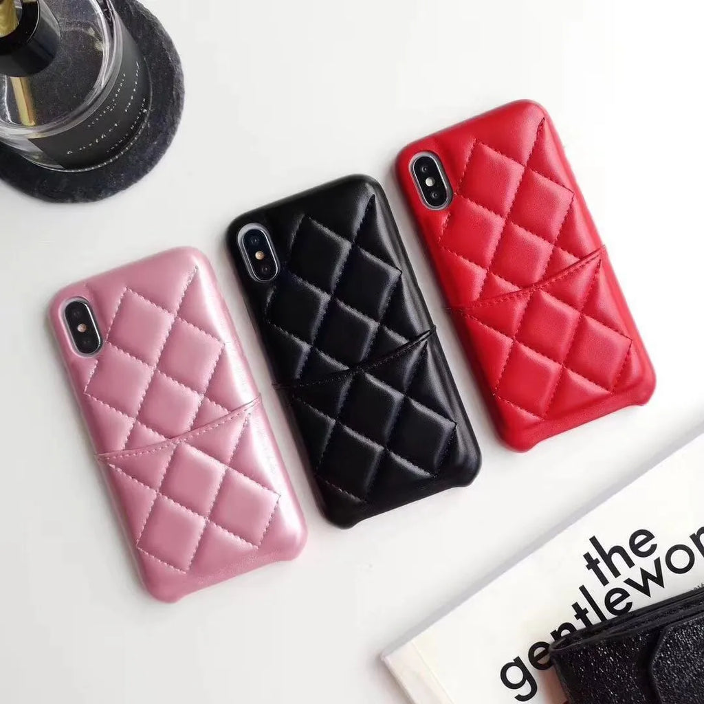 Genuine leather iPhone case in black, pink, and red colours for XS Max and iPhone 6-8 Plus models.