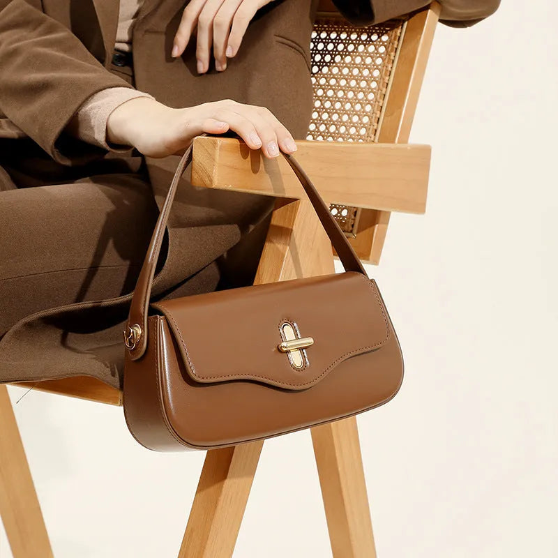 Leather baguette shoulder bag in black, wine red, coffee or caramel with organised interior compartments