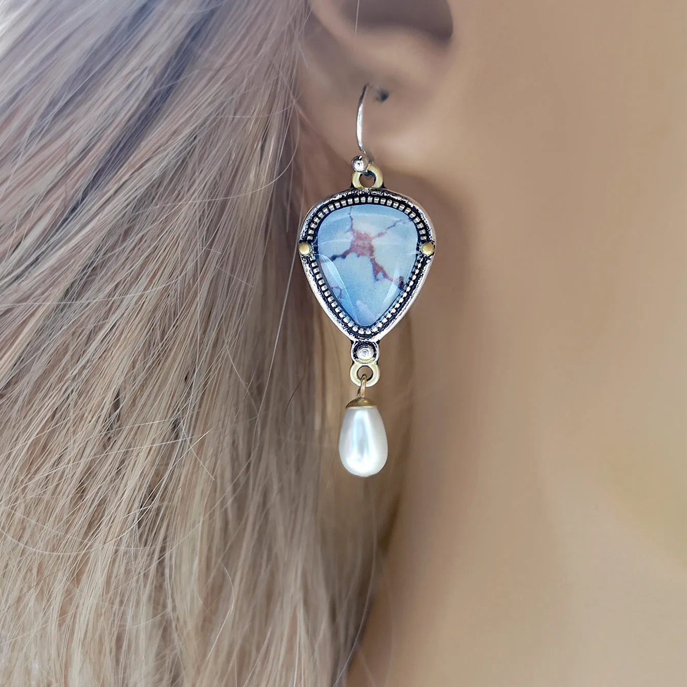 Retro blue geometric drop earrings with synthetic opal and pearl on metal setting