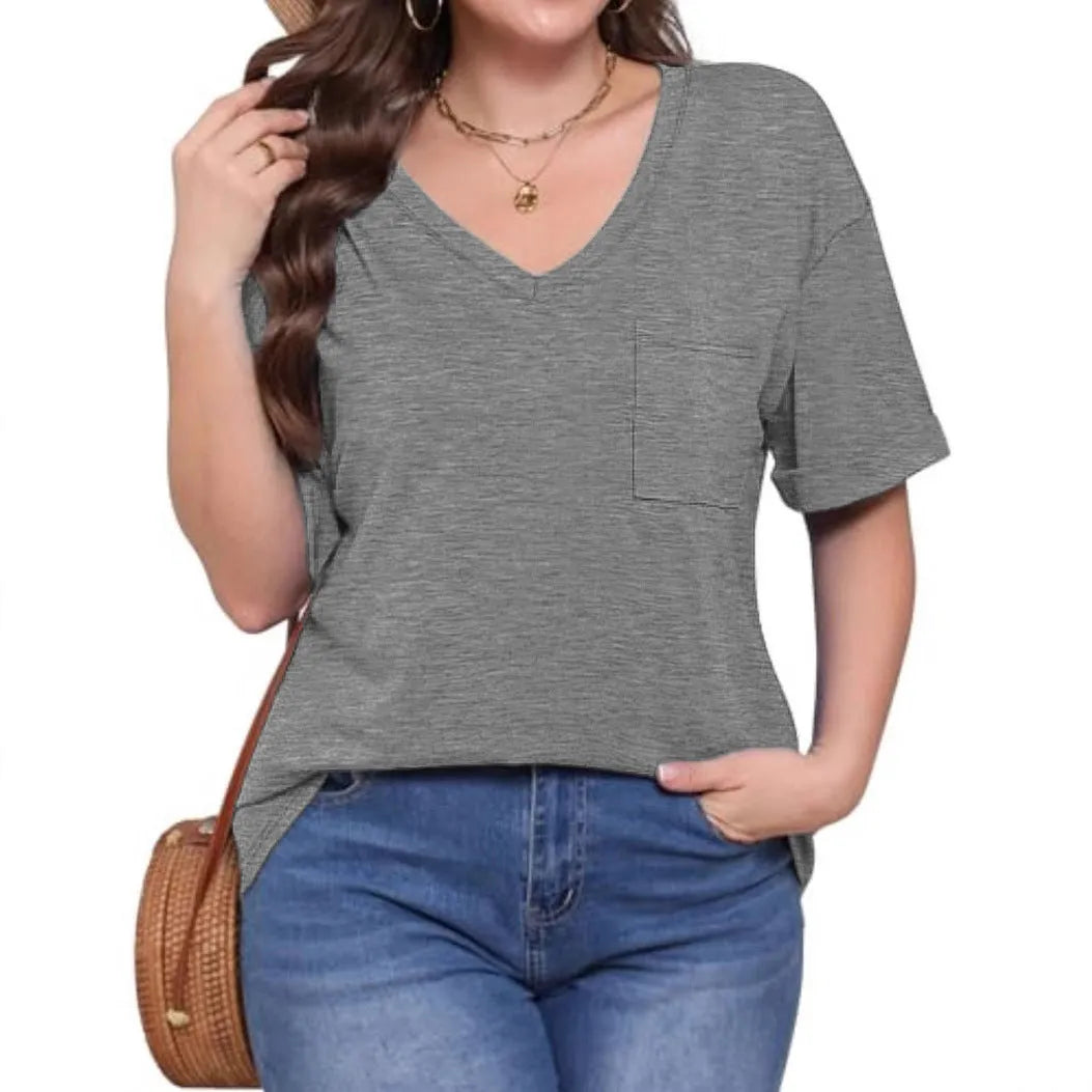 Grey loose fit V-neck short sleeve T-shirt with a front chest pocket.