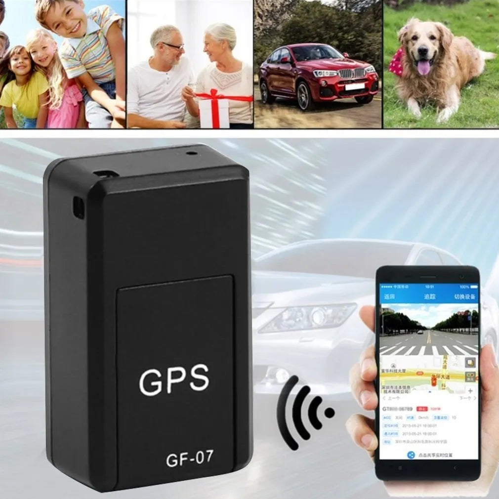 Small black magnetic GPS tracker device shown next to a USB charging cable.
