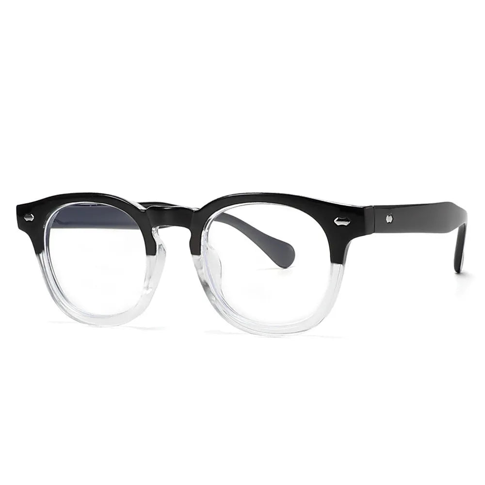 Simple round rim plastic sunglasses on a table showing bright black frame with blue lens.