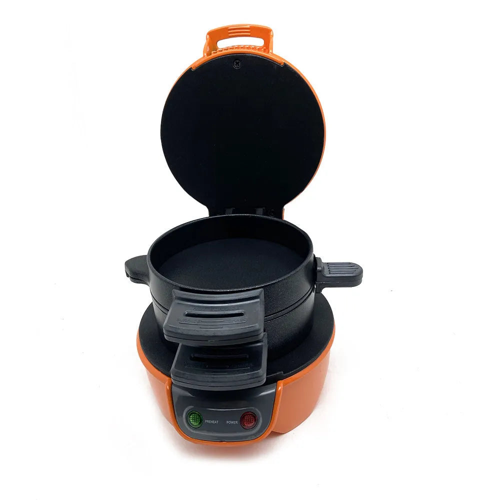 Bright red household breakfast machine with sandwich plates and egg cooker ring on countertop