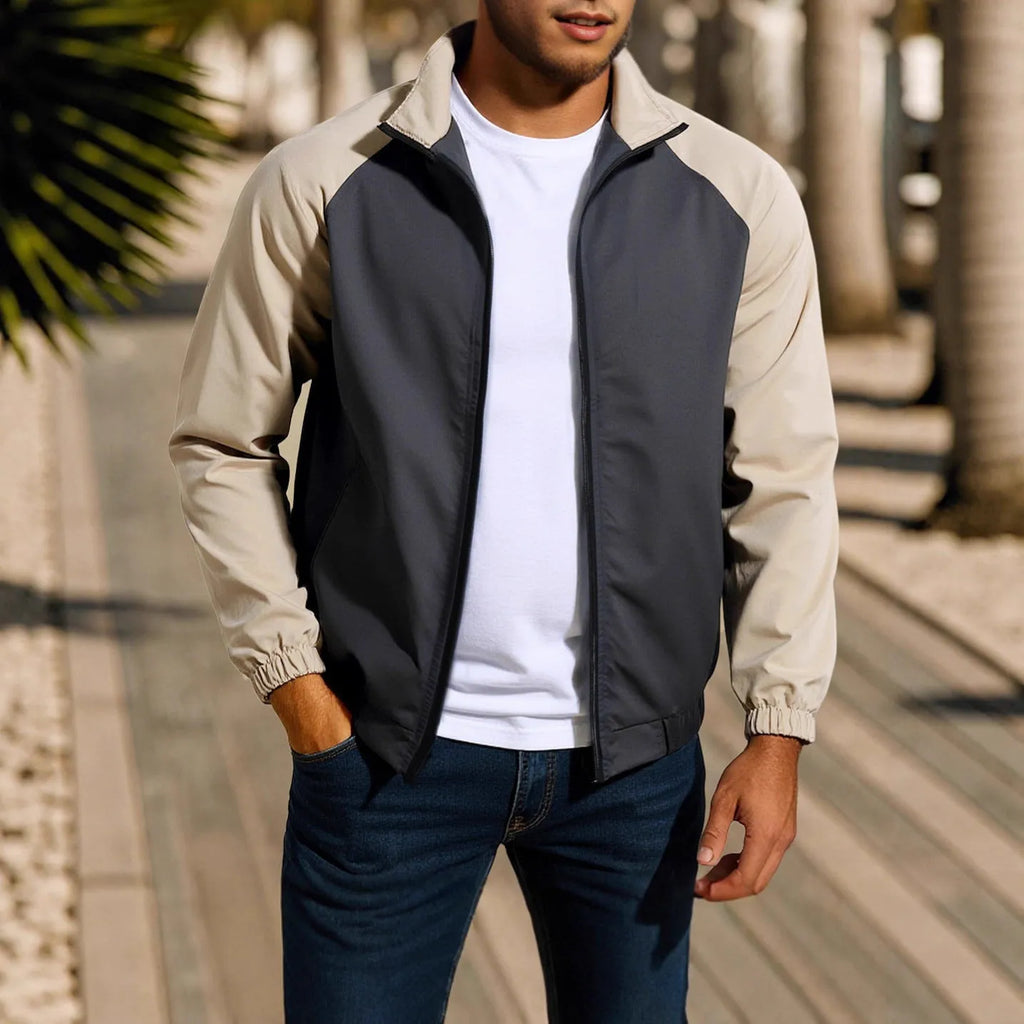 Men's casual stand collar coat in loose fit with raglan sleeves, shown in red, khaki, and green colour options