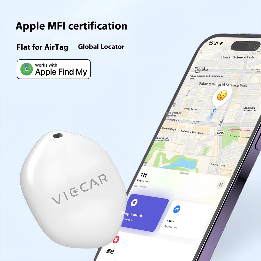 White ITag smart anti-lost tracker on a table with a keyring, showing Bluetooth 5.1 compatibility for Apple devices