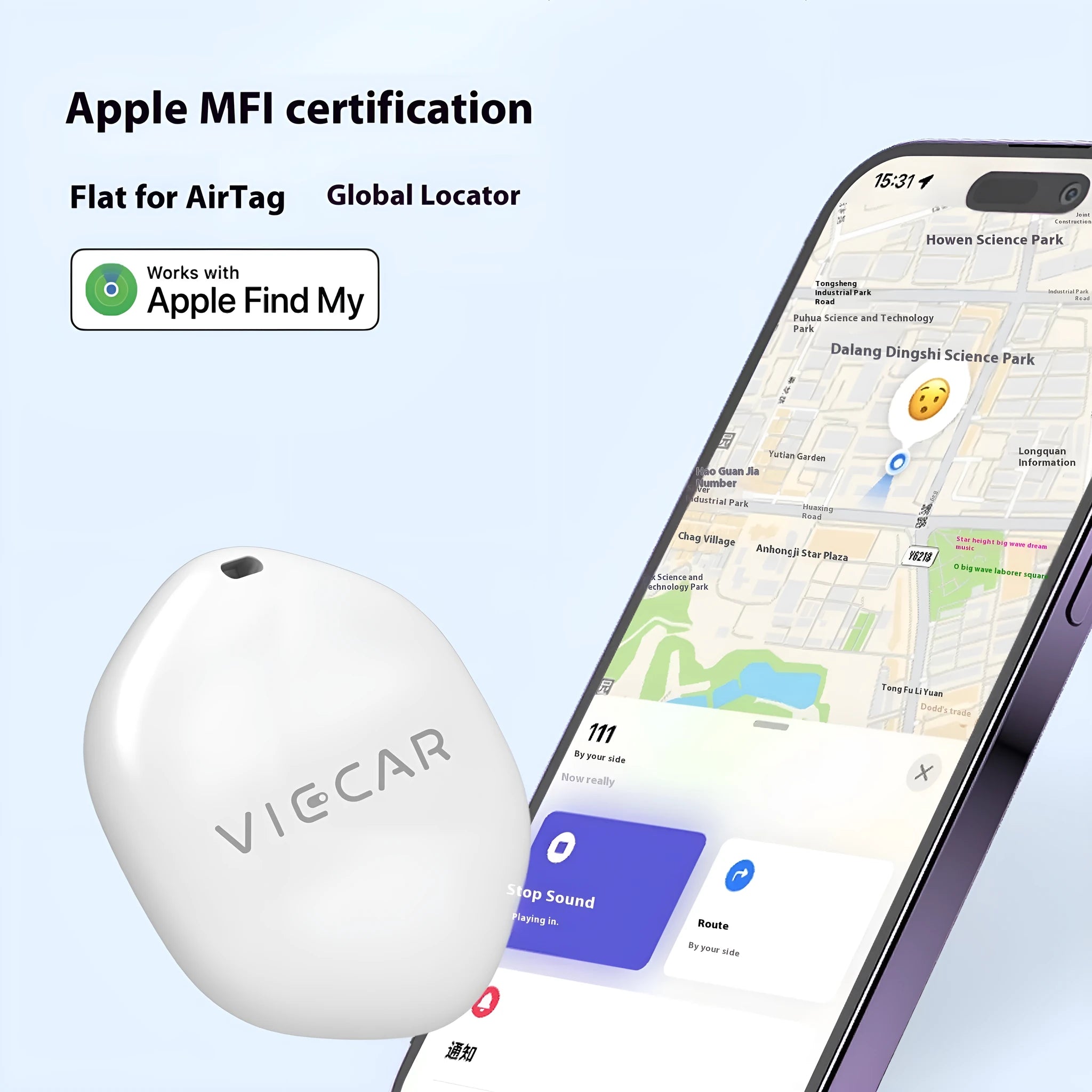 White ITag smart anti-lost tracker on a table with a keyring, showing Bluetooth 5.1 compatibility for Apple devices