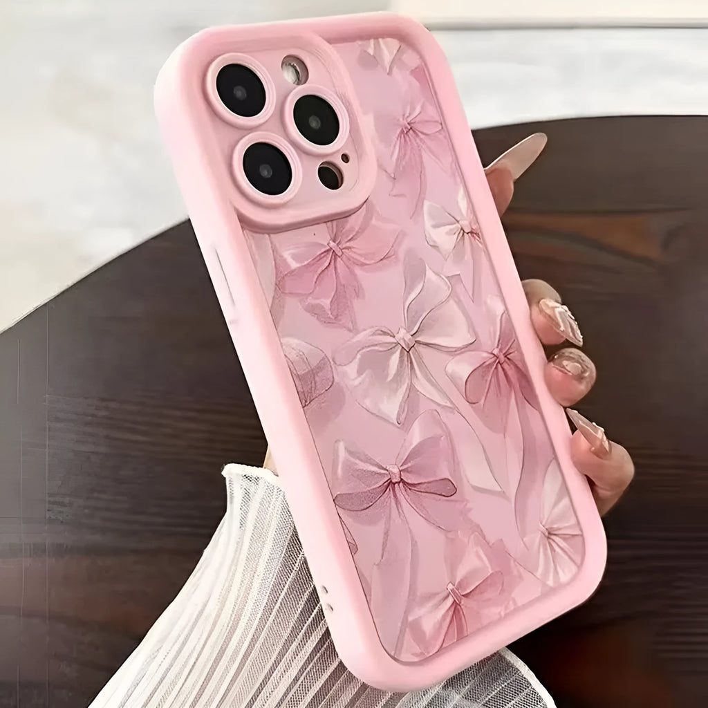 Pink matte bow silicone phone case with Tianyan Ladder J124-P1 pattern for Apple iPhone