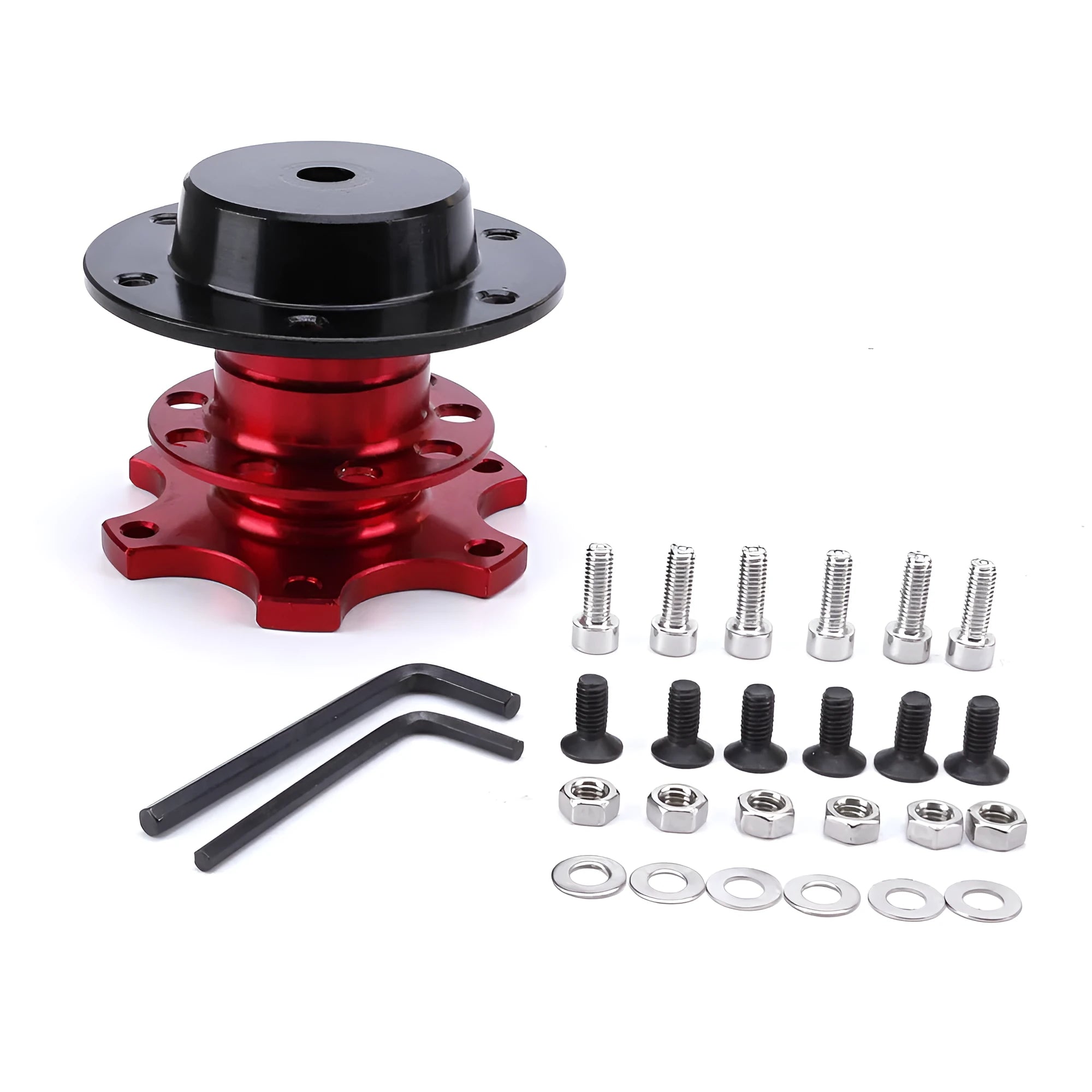 Car quick release steering wheel adapter device in black, red, blue, silver, and gold colour options.