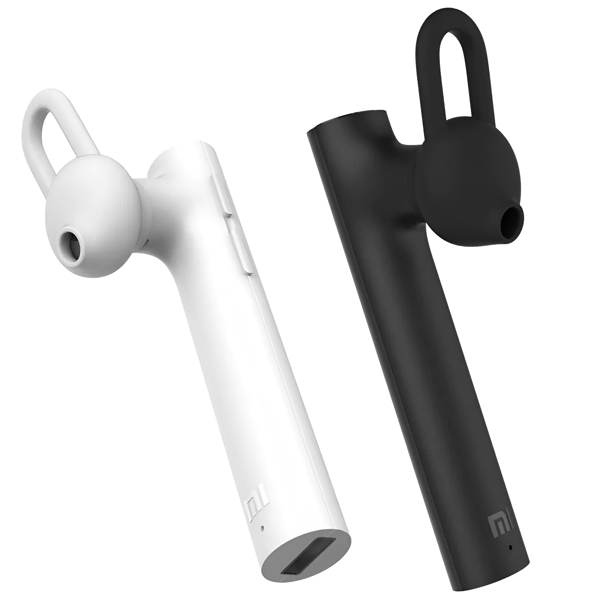 Compact black and white wireless Bluetooth headset for hands-free calls, shown next to a size scale.