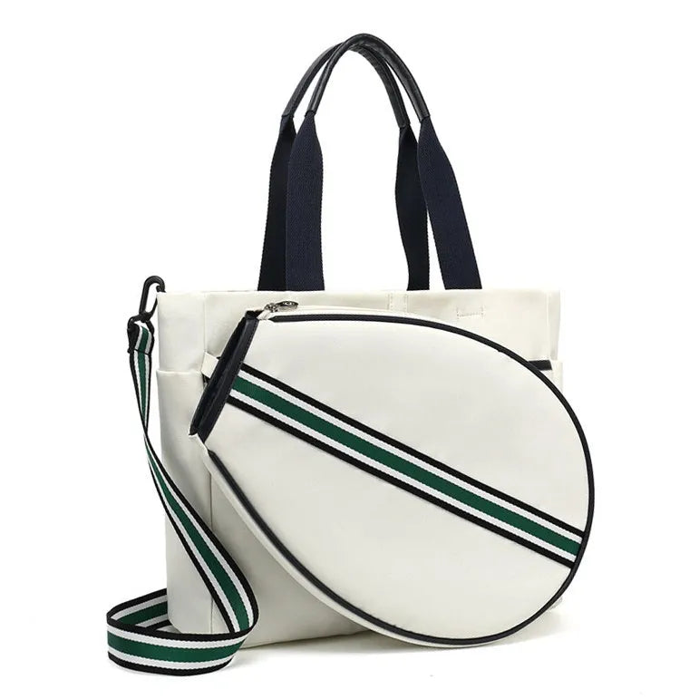 Canvas striped crossbody tennis racket bag in green and wine red, 33x11x40cm side view