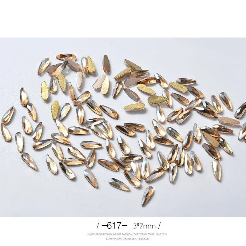 10 acrylic 3D nail art rhinestones in long water drop shape, 7x3mm, glitter finish, eleven colour options