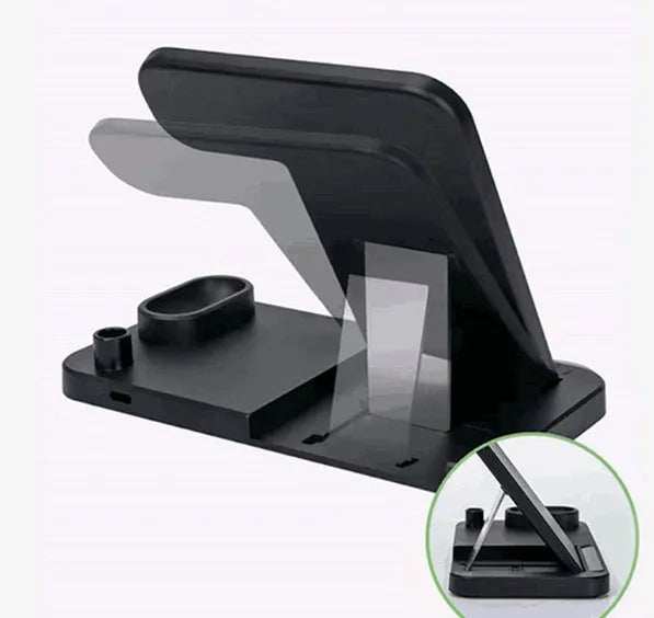 Black 4-in-1 wireless charger with magnetic phone stand charging an iPhone, Apple Watch, and AirPods.